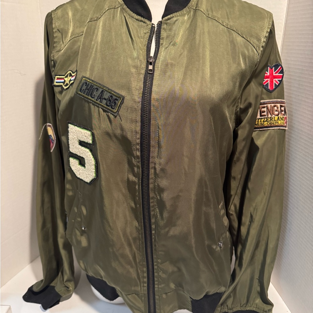 Rue21 Olive Bomber Jacket with Patches